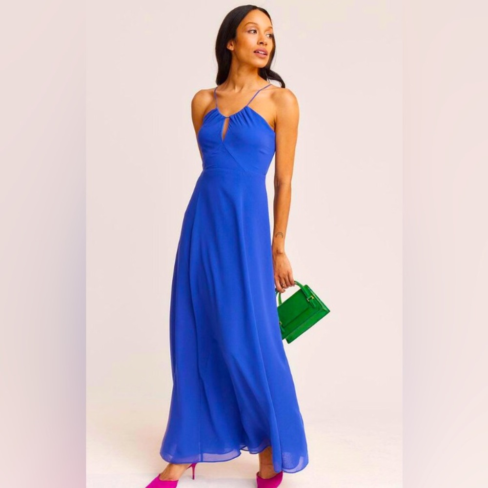 RW&CO blue chiffon fit and flare halter maxi dress